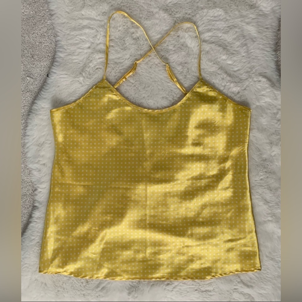 Vintage Easy Solution Yellow & White Satin Polka Dot Cami Slip Tank Top Size L